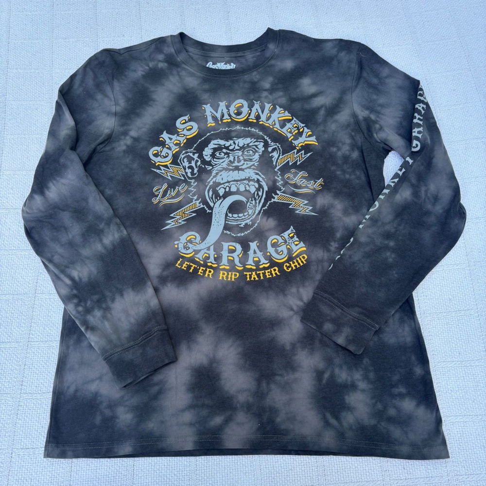 Men's Large GAS MONKEY GARAGE Gray Tie Dye Live Fast Long Sleeve Graphic T-Shirt